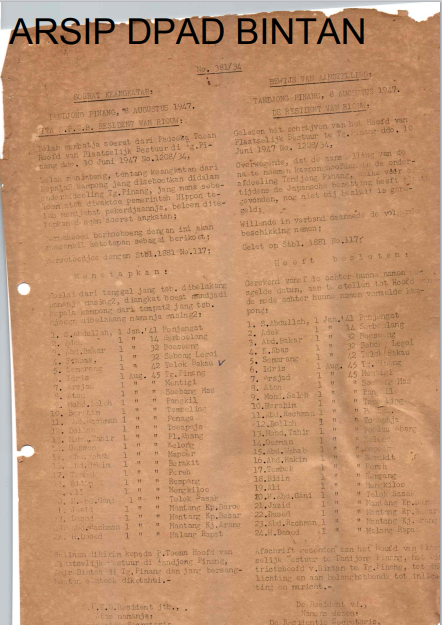 surat pengangkatan Kepala Kampung Se Kabupaten Kepulauan Riau Tahun 1947